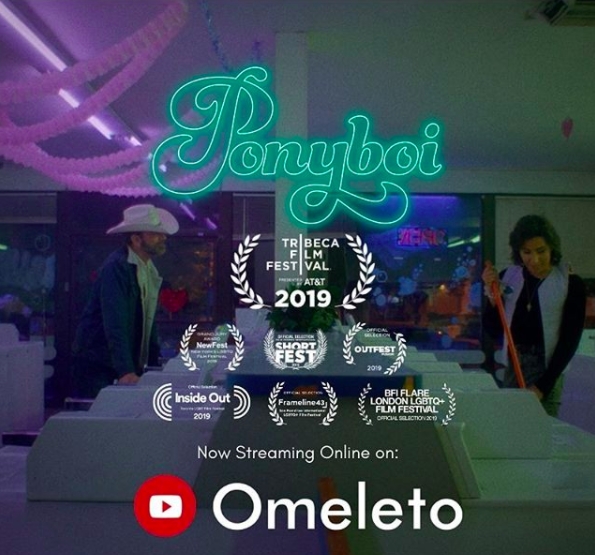 Ponyboi movie title in green illuminated letters with film festival credits listed below and youtube channel icon overlaid still from film of person cleaning laundromat